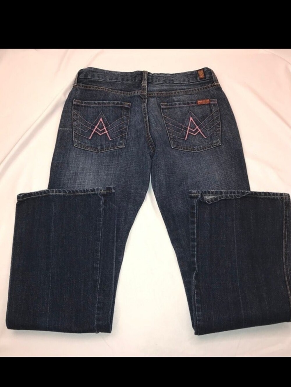 7 For All Mankind Women's Blue Flared Jeans Size 29 Pink Stitching